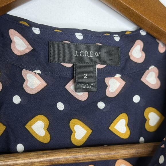 J Crew Shirt Womens 2 Navy Blue Heart Print Sleeveless 100% Silk Blouse Top - Picture 3 of 7